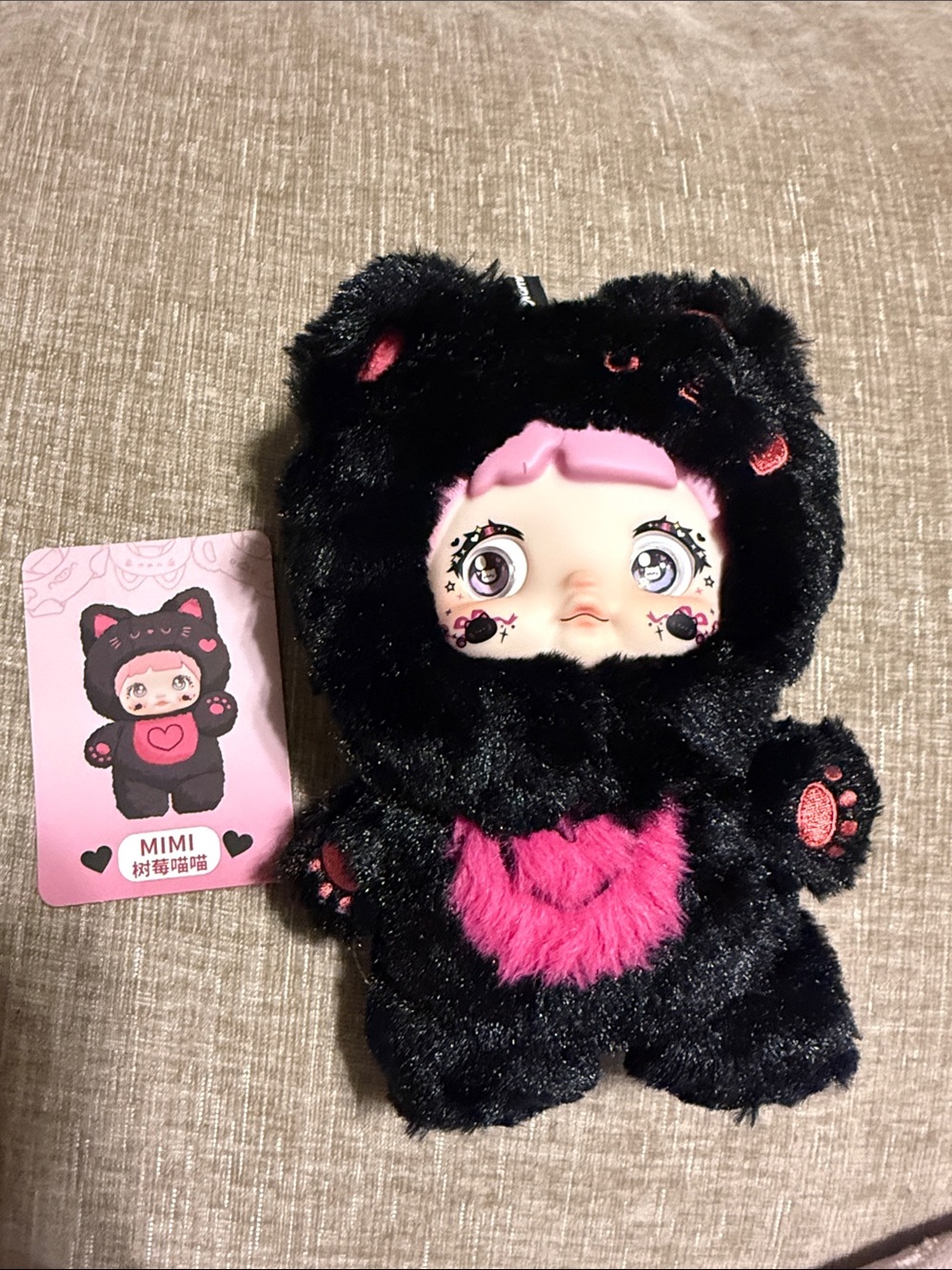 Nommi / Mimi Plush Doll in Black with Pink Heart